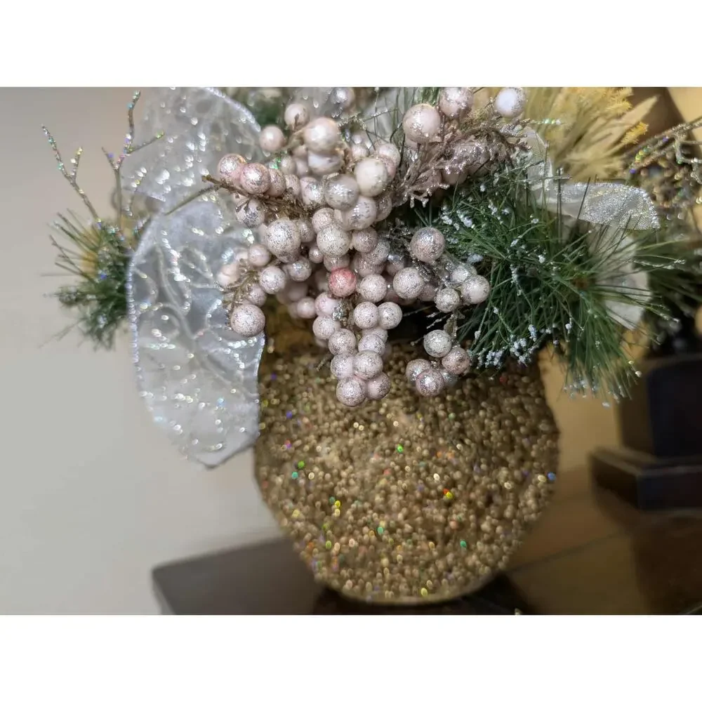 Christmas Fall Floral Arrangement Dining Home Centerpiece Gold Beaded Silver